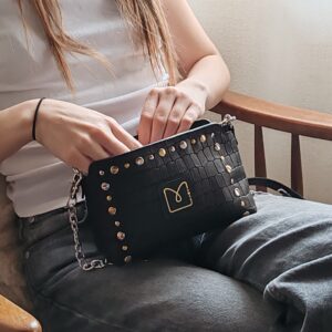 Sac à main Bonnie Mini en cuir noir avec rivets dorés et argentés